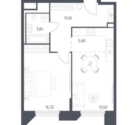 Планировка однокомнатной(апартаменты) площадью 50.44 квадратных метров в ЖК “ЖК Скай Спутник”