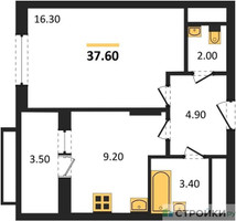 Планировка однокомнатной(квартира) площадью 37.6 квадратных метров в “ЖК Римский”