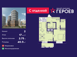 Планировка двухкомнатной(квартира) площадью 40.5 квадратных метров в “ЖК Героев”