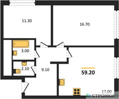 Планировка двухкомнатной(квартира) площадью 59.2 квадратных метров в “ЖК Сиреневый парк”