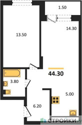 Планировка однокомнатной(апартаменты) площадью 42.5 квадратных метров в ЖК “ЖК Равновесие”