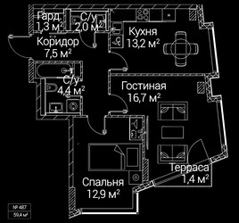 Планировка двухкомнатной(квартира) площадью 59.4 квадратных метров в ЖК “ЖК СЕЗАР БУДУЩЕЕ”
