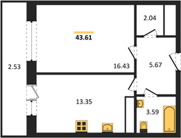 Планировка однокомнатной(квартира) площадью 43.61 квадратных метров в “ЖК Эдельвейс (Первомайское)”