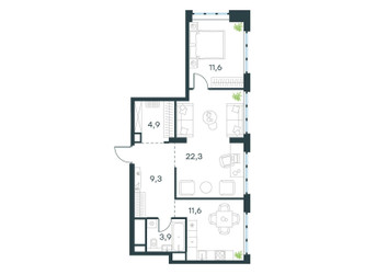 Планировка двухкомнатной(квартира) площадью 63.6 квадратных метров в ЖК “ЖК Левел Южнопортовая”
