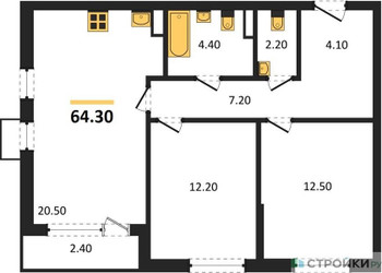 Планировка двухкомнатной(квартира) площадью 64.3 квадратных метров в ЖК “ЖК Прокшино”