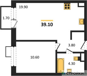 Планировка однокомнатной(квартира) площадью 39.1 квадратных метров в ЖК “ЖК Foreville (Форевилль)”