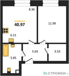 Планировка однокомнатной(квартира) площадью 40.97 квадратных метров в ЖК “ЖК Sezar City (Сезар Сити)”