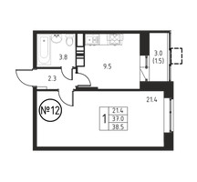 Планировка однокомнатной(квартира) площадью 38.5 квадратных метров в “ЖК Космос”