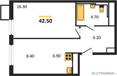 Планировка однокомнатной(квартира) площадью 42.91 квадратных метров в ЖК “ЖК Sky Sputnik (Скай Спутник)”