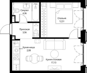 Планировка однокомнатной(квартира) площадью 39.64 квадратных метров в ЖК “ЖК Сити Бэй”