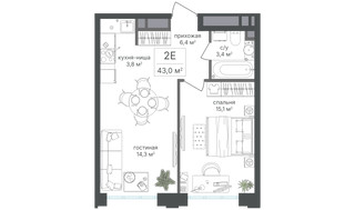 Планировка двухкомнатной(квартира) площадью 43 квадратных метров в “ЖК Михалковский”