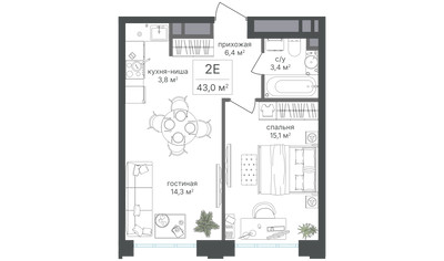 Планировка двухкомнатной(квартира) площадью 43 квадратных метров в ЖК “ЖК Михалковский”
