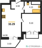 Планировка однокомнатной(квартира) площадью 33.29 квадратных метров в “ЖК ВОСТОК II”