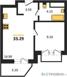Планировка однокомнатной(квартира) площадью 33.29 квадратных метров в ЖК “ЖК ВОСТОК II”