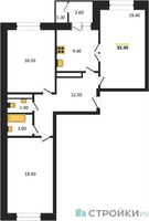 Планировка трехкомнатной(квартира) площадью 84.4 квадратных метров в “ЖК Три квартала”