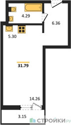 Планировка студии(квартира) площадью 31.79 квадратных метров в ЖК “ЖК Riga Hills (Рига Хиллс)”