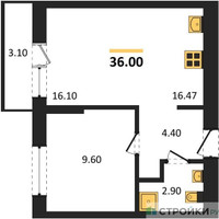 Планировка однокомнатной(квартира) площадью 36 квадратных метров в “ЖК Первый квартал”