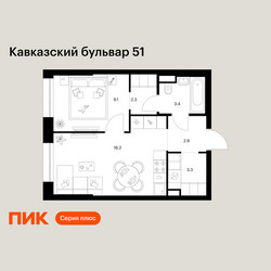 Планировка однокомнатной(квартира) площадью 37.2 квадратных метров в ЖК “ЖК Кавказский бульвар 51”