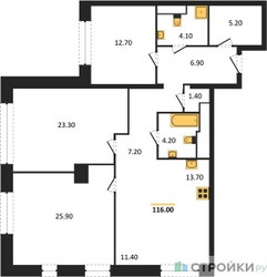 Планировка трехкомнатной(квартира) площадью 115.6 квадратных метров в “ЖК AFI Tower (Афи Тауэр)”