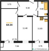 Планировка двухкомнатной(квартира) площадью 64.54 квадратных метров в “ЖК Егорово Парк”