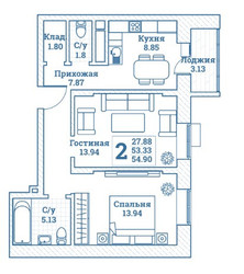 Планировка двухкомнатной(квартира) площадью 54.9 квадратных метров в ЖК “ЖК Новоград Монино”