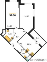 Планировка двухкомнатной(квартира) площадью 57.36 квадратных метров в “ЖК Светлый мир БиоПолис”