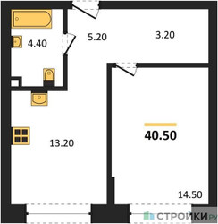 Планировка однокомнатной(квартира) площадью 40.5 квадратных метров в ЖК “ЖК Шагал”