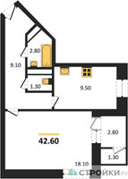 Планировка однокомнатной(квартира) площадью 43 квадратных метров в “ЖК Три квартала”