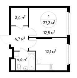 Планировка однокомнатной(квартира) площадью 37.3 квадратных метров в ЖК “ЖК Переделкино Ближнее”
