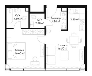 Планировка однокомнатной(квартира) площадью 48.7 квадратных метров в ЖК “ЖК Слава”