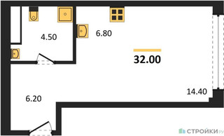 Планировка студии(апартаменты) площадью 32 квадратных метров в “ЖК Мираполис”