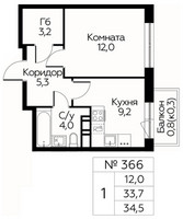 Планировка однокомнатной(квартира) площадью 34.5 квадратных метров в “ЖК Цветочные Поляны Сити”