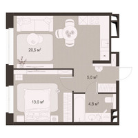 Планировка однокомнатной(квартира) площадью 43.3 квадратных метров в “ЖК Гранд Комфорт”