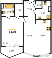 Планировка однокомнатной(квартира) площадью 63.8 квадратных метров в “ЖК Sydney City (Сидней Сити)”