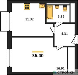 Планировка однокомнатной(квартира) площадью 36.4 квадратных метров в ЖК “ЖК Квартал Марьино”
