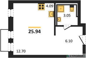 Планировка студии(квартира) площадью 25.94 квадратных метров в “ЖК Рублевский Квартал”