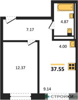 Планировка однокомнатной(квартира) площадью 37.55 квадратных метров в “ЖК ЭкоБунино (Южное Бунино)”