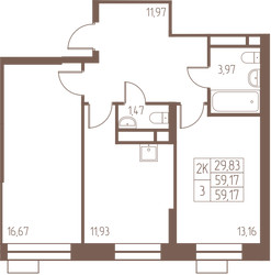 Планировка двухкомнатной(квартира) площадью 59.2 квадратных метров в ЖК “ЖК Западная Ивантеевка”