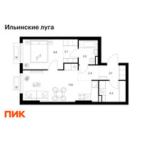 Планировка однокомнатной(квартира) площадью 43.4 квадратных метров в “ЖК Ильинские луга”
