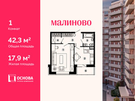 Планировка однокомнатной(квартира) площадью 42.3 квадратных метров в “ЖК Малиново”