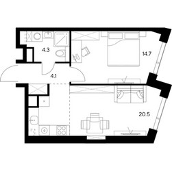 Планировка однокомнатной(квартира) площадью 43.6 квадратных метров в ЖК “ЖК Нексус от Аквилон”