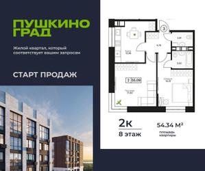 Планировка двухкомнатной(квартира) площадью 54.34 квадратных метров в ЖК “ЖК Пушкино Град”