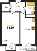 Планировка однокомнатной(квартира) площадью 34.3 квадратных метров в “ЖК Южная Долина”