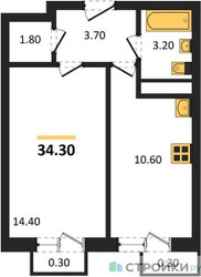 Планировка однокомнатной(квартира) площадью 34.3 квадратных метров в ЖК “ЖК Южная Долина”