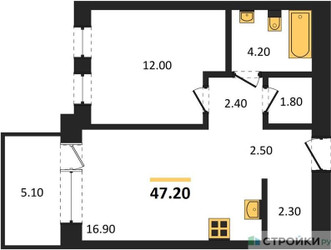 Планировка однокомнатной(квартира) площадью 47.2 квадратных метров в ЖК “ЖК Дом А”