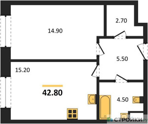 Планировка однокомнатной(квартира) площадью 42.8 квадратных метров в ЖК “ЖК Voxhall (Воксхолл)”
