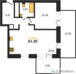Планировка однокомнатной(апартаменты) площадью 61.2 квадратных метров в ЖК “ЖК ФизтехСити”
