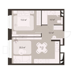 Планировка однокомнатной(квартира) площадью 43.3 квадратных метров в ЖК “ЖК Гранд Комфорт”