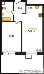 Планировка однокомнатной(квартира) площадью 50.8 квадратных метров в ЖК “ЖК UNO Соколиная гора”