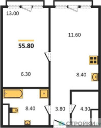 Планировка однокомнатной(квартира) площадью 55.8 квадратных метров в ЖК “ЖК OPUS (Опус)”